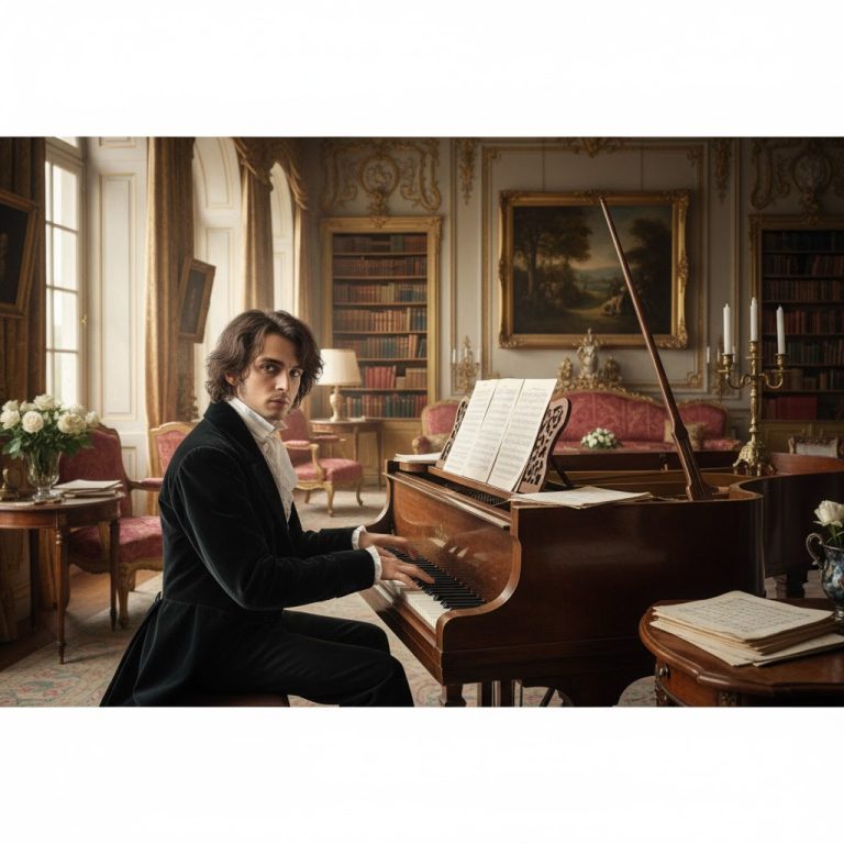 młody Fryderyk Chopin przy fortepianie